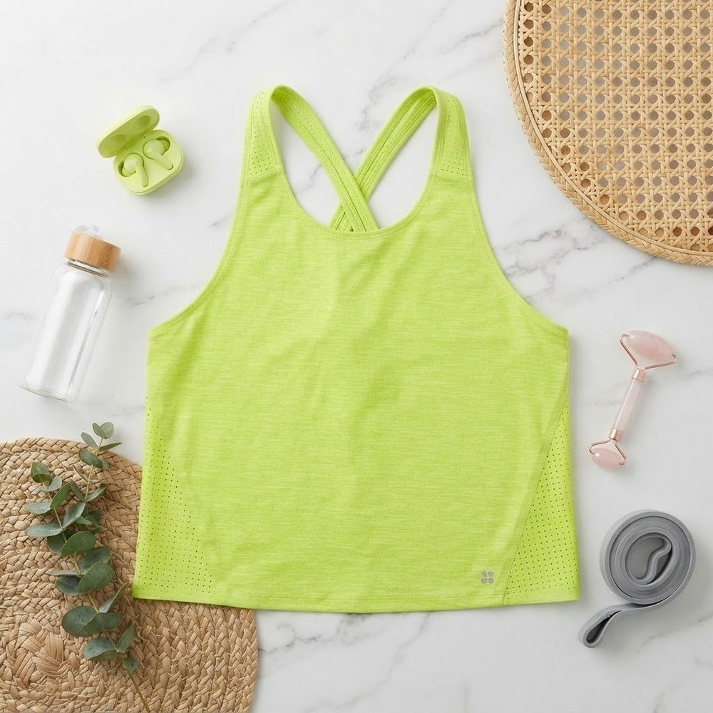 Sweaty Betty Breeze Running Tank Top Neon Lime Green Mesh Back Large